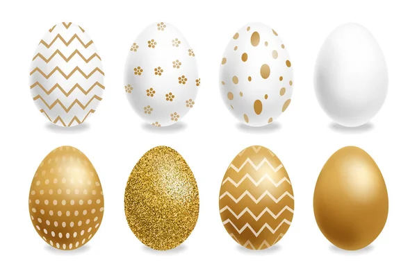Påskmålade gyllene ägg Vektor realistisk samling. Abstrakt utsmyckad söt design. 3d detaljerade uppsättningar — Stock vektor