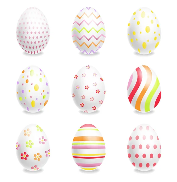 Huevos de Pascua blancos con adornos Vector realista. Banner de vacaciones de primavera. Plantillas de póster detalladas 3d — Vector de stock