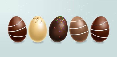 Çikolata yumurtaları Vektör Gerçekçiliğini ortaya koydu. Sütlü çikolata ve siyah çikolata. 3d detaylı poster veya etiket koleksiyonları