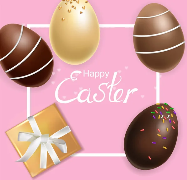 Pasen kaart met chocolade eieren Vector realistisch. Vakantie begroeting 3d gedetailleerde illustraties — Stockvector