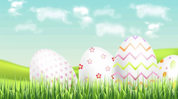 Vector de huevos de Pascua realista. Banner navideño de primavera. 3d plantillas detalladas de pósters — Vector de stock