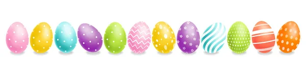Coloridos huevos de Pascua ponen Vector realista. Banner de vacaciones de primavera. Plantillas de póster detalladas 3d — Vector de stock