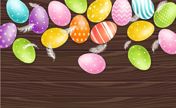 Colores huevos de Pascua en el fondo de madera Vector realista. Banner navideño de primavera. 3d plantillas detalladas de pósters — Vector de stock