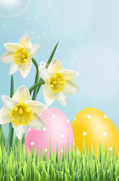 Vector de huevos tradicionales de Pascua realista. Banner navideño de primavera. Flores de bouquet de Daffodil. 3d plantillas detalladas de pósters — Vector de stock