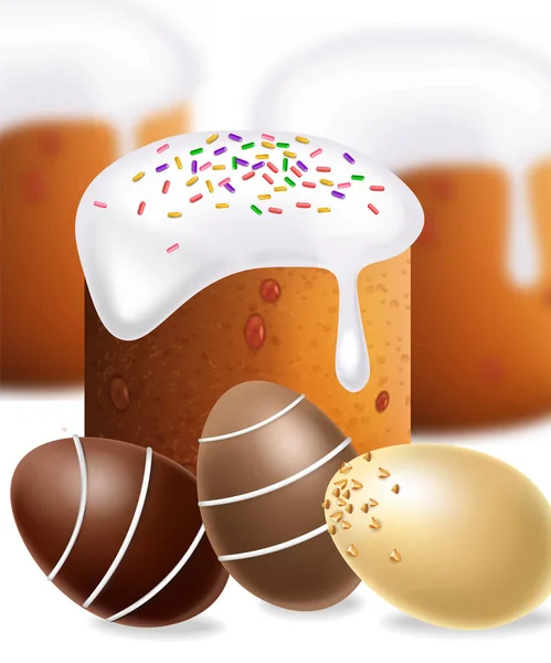 Pan tradicional de Pascua y huevos de chocolate Vector realista. Tarjetas de Navidad — Vector de stock
