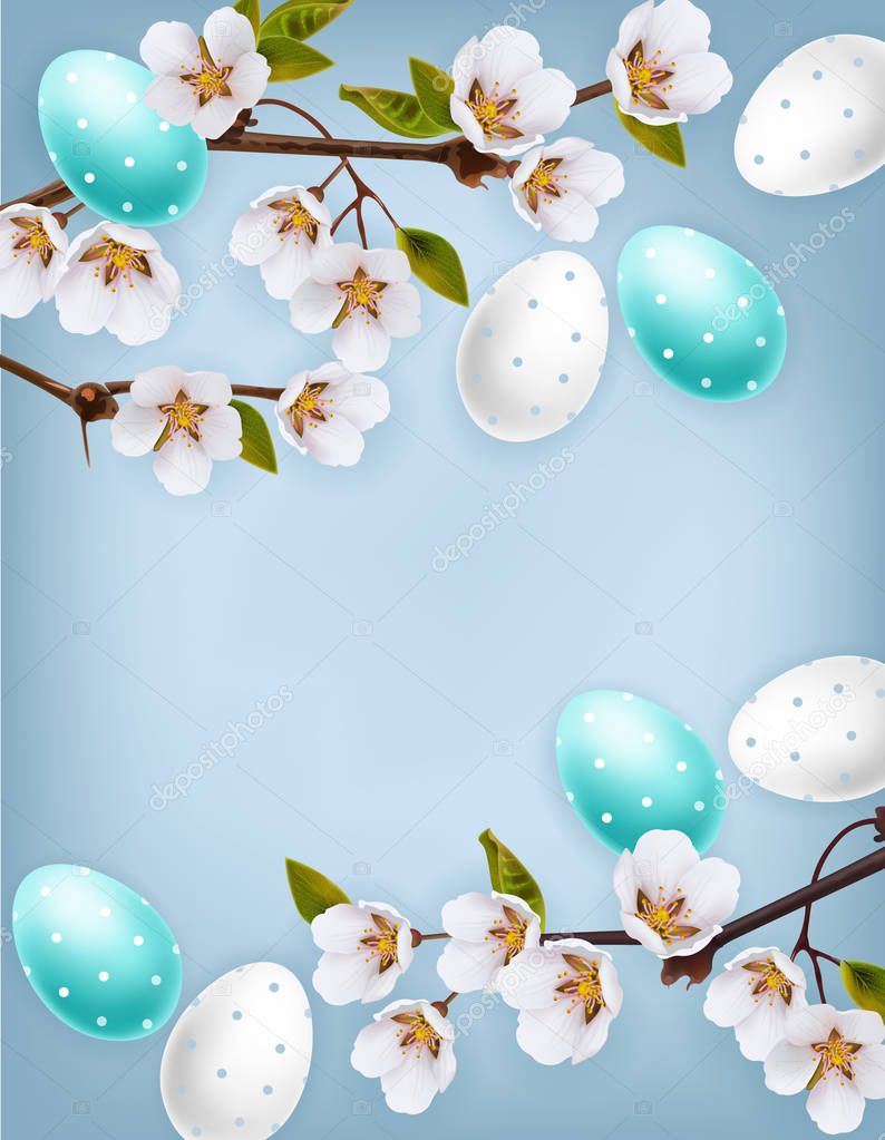 Cherry blossom and Easter colorful eggs Vector realistic. Spring holiday banner. 3d detailed poster templates