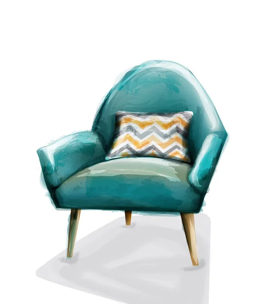 Fauteuil rétro bleu aquarelle Vector. Décor design meubles vintage — Image vectorielle