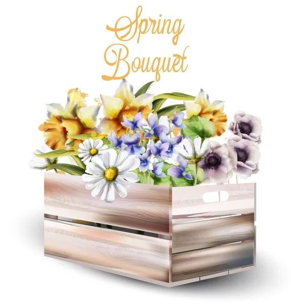 Ramo de flores de primavera en una caja Vector acuarela. Fondo de temporada de primavera. Decoraciones románticas vintage — Vector de stock