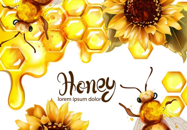 Petek afiş suluboya illüstrasyon. ayçiçeği ve arıvektör şablonları