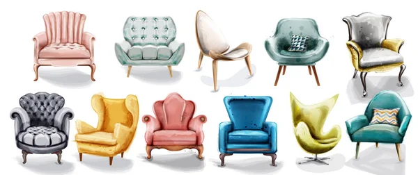 Vintage Retro Sessel Set Kollektion Vektor Aquarell. Möbel im modernen Stil. alte Effektdesigns — Stockvektor