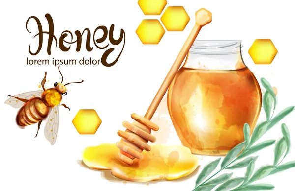 Banner de panal de abeja ilustración acuarela. girasol y abejas Plantillas vectoriales — Vector de stock