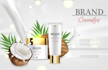 Hindistan cevizi krem nemlendirici Vektör gerçekçi. Ürün ambalajı maket. Etiket tasarımı ile ayrıntılı beyaz şişeler. 3b şablon çizimleri