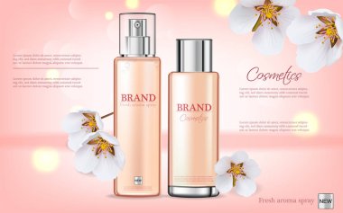 Kiraz çiçeği sprey kozmetik Vektör gerçekçi. Ürün ambalajı maket. Nemlendirici hidrasyon kozmetik. Etiket tasarımı ile ayrıntılı pembe şişe. 3b şablon çizimleri