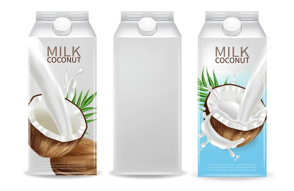 Leche de coco Vector realista maqueta. Diseño de la etiqueta de salpicadura de leche. Embalaje del producto 3d contenedores detallados — Vector de stock
