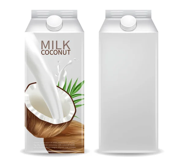 Pojemnik na mleko kokosowe wektor realistyczne makiety. Projekt etykiety rozbryzgowych mleka. Opakowanie produktu 3D szczegółowe — Wektor stockowy