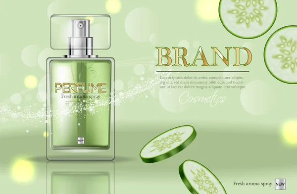 Perfume bottle Vector realistic. Product packaging mockup. Fresh cucumber green scent. 3d template illustrations