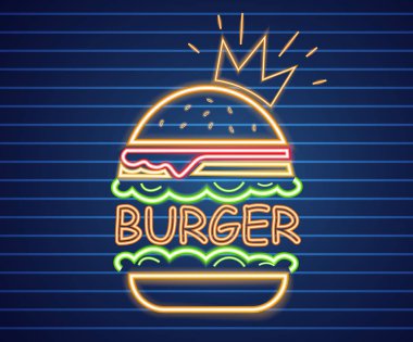 Neon kral burger Vektör posteri. Parlayan işareti fastfood ışık billboard sembolü. Cafe menü öğeleri