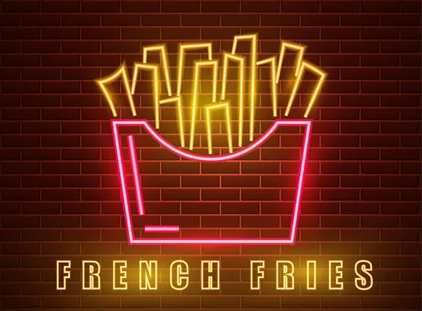 Cartaz de vetor de batatas fritas Neon. Sinal brilhante fundo da cidade escura. Fastfood símbolo de cartaz de luz. Café itens de menu —  Vetores de Stock