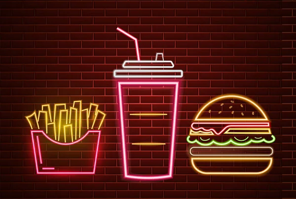 Fast food lunch menu neon billboard Vector. Glowing Fastfood light billboard symbol. Cafe menu templates — Stock Vector