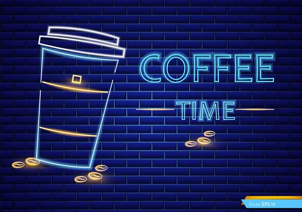 Koffieshop neon teken vector. Gloeiende koffie kopje te gaan symbool donkere achtergrond. Café menu templates — Stockvector