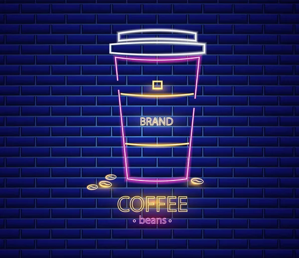 Kahve dükkanı neon işareti Vector. Parlayan kahve fincanı sembol koyu arka plan gitmek için. Cafe menü şablonları — Stok Vektör
