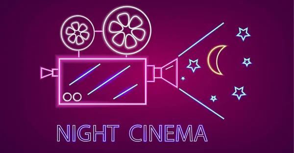 Cinema camera Neon symbolen vector. Gloeiende teken donkere achtergrond. Shinning Billboard templates — Stockvector