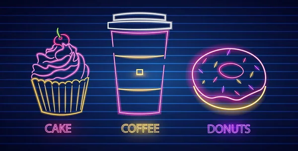 Cupcake, café et beigne néon symboles vectoriel. Panneau lumineux fond sombre. Shinning panneaux d'affichage ou des modèles de menu — Image vectorielle