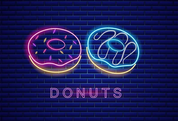 Donuts néon symboles vectoriel. Panneau lumineux fond sombre. Shinning panneaux d'affichage ou des modèles de menu — Image vectorielle