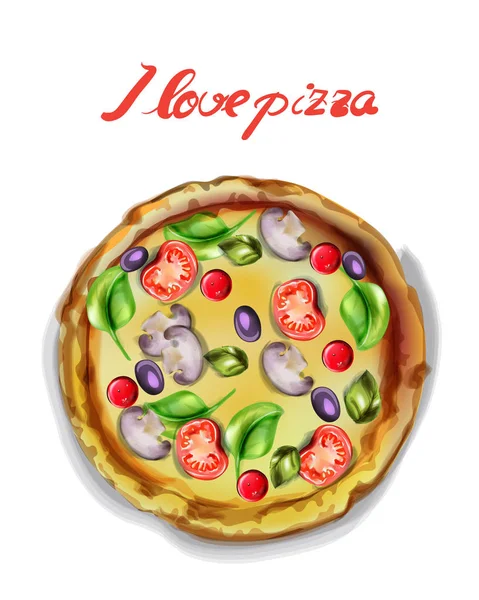 Jag älskar pizza vektor akvarell. Mall ikon affisch. läckra livsmedel — Stock vektor