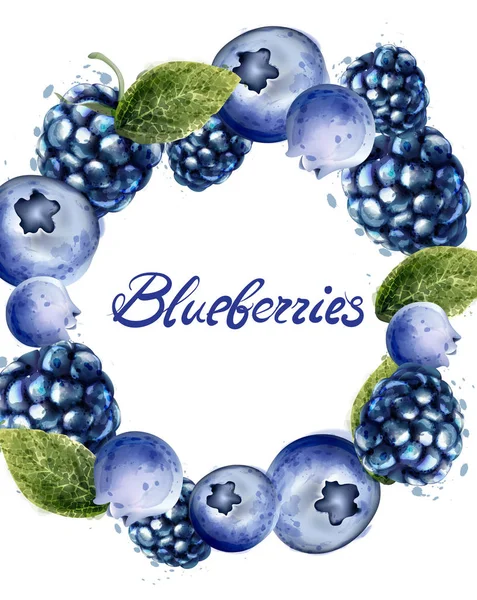 Blueberries quadro Vector aquarela. Verão deliciosos cartões de frutas —  Vetores de Stock