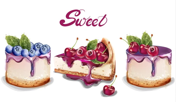 Słodkie ciasta zestaw Vector akwarela. pyszne desery z dodatkami owocowymi — Wektor stockowy