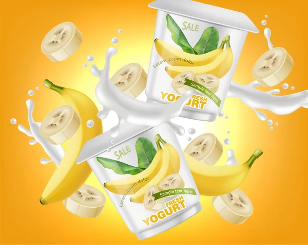 Пакет бананового йогурта вектор реалистичен. Дизайн этикеток продукции. Йогуртовая жидкость. Избавьтесь от трехмерных иллюзий — стоковый вектор