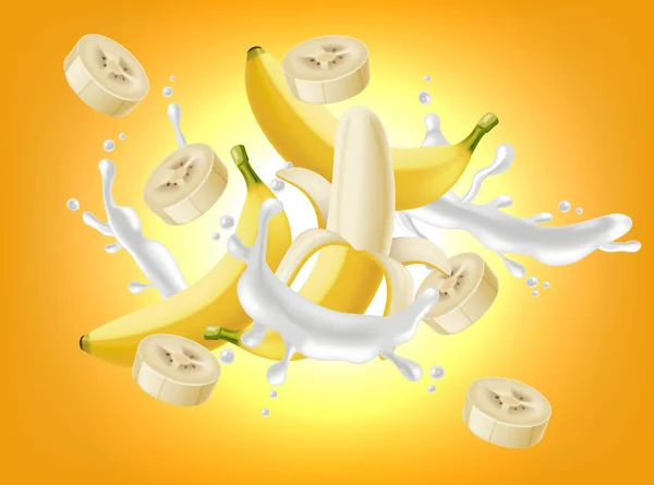 Banan splash vektor realistisk. Yoghurt eller mælk hældning væske. Gør dig klar til etiketdesign – Stock-vektor