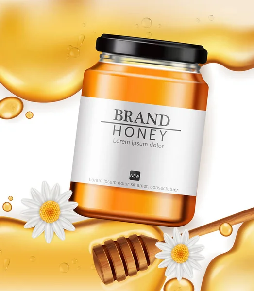 Honey Vector se burla de realismo. Diseño de etiquetas de colocación de productos. Ilustraciones detalladas de tres d — Vector de stock