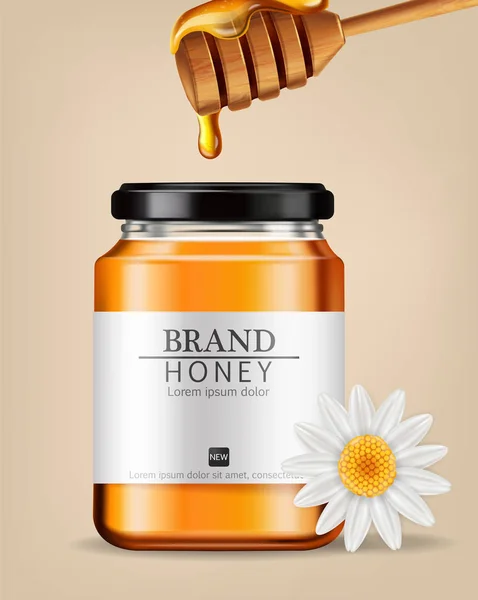 Honey Vector se burla de realismo. Diseño de etiquetas de colocación de productos. Ilustraciones detalladas de tres d — Vector de stock