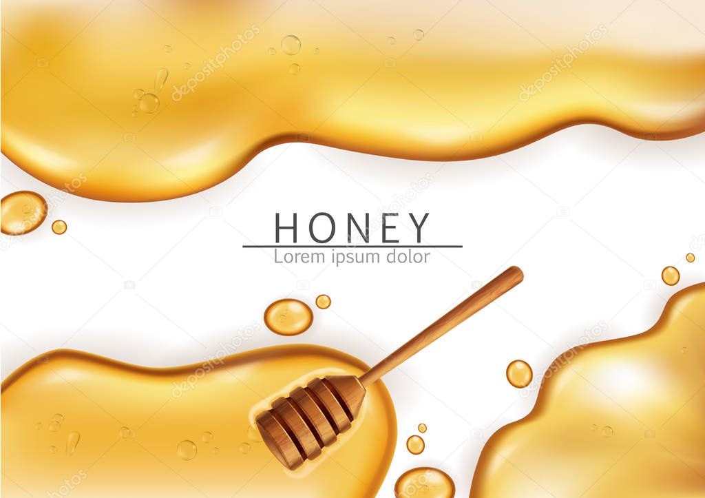 Honey dip background Vector realistic. Pouring honey liquid. 3d illustrations