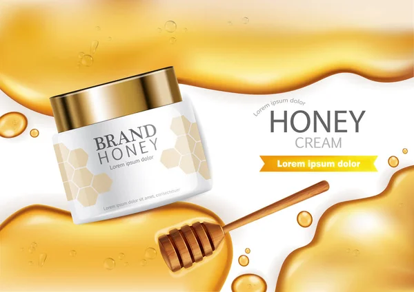 Honey infused cream Vector realistic mock up. White bottles cosmetics. Product placement label design. Detailed 3d illustrations — Stock Vector
