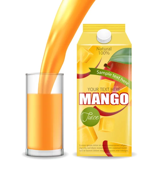 Mango juice Vector realistic. Product placement mock up. Pouring drink in a glass. Packaging design. 3d illustrations — Stock Vector