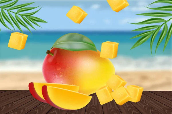 Mango fruta cortada em fundo trópico Vetor realista. Vista mar. Projeto de elementos detalhados. Ilustrações 3D — Vetor de Stock
