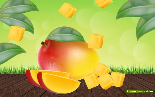 Mango frutta affettata Vector realistico. Elementi di design dettagliati. Illustrazioni 3d — Vettoriale Stock