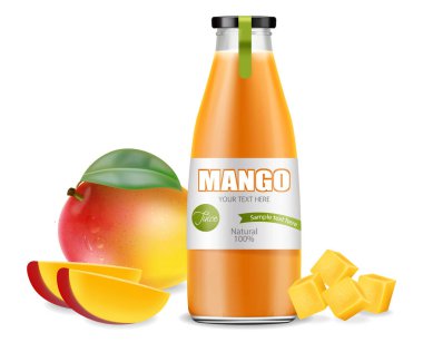 Mango suyu gerçekçiliği. Ürün yerleştirme modeli. Paketleme tasarımı. 3d illüstrasyon