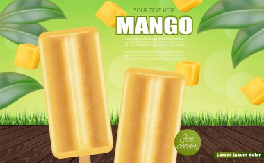 Mango dondurma vektörü gerçekçi. Taze lezzetli iace kremalı tatlı. Tropik arka plan. Detaylı elementler. 3d illüstrasyon