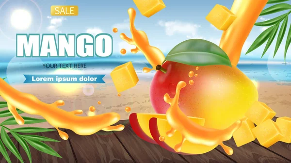 Mango frukt skivad på tropisk bakgrund Vektor realistisk. Havsutsikt. Detaljerad elementutformning. 3D-illustrationer — Stock vektor