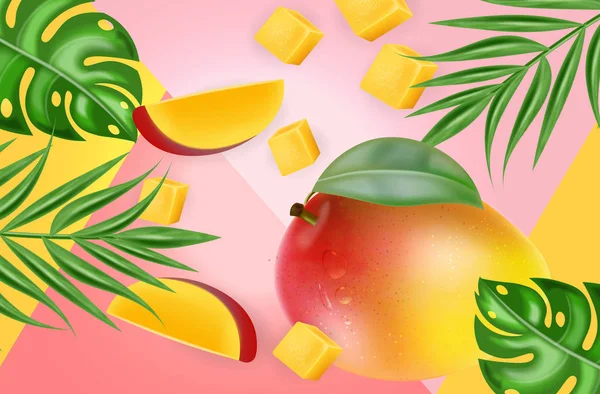 Mango frutta vettoriale realistico. Fresco fette deliziose dessert. Sfondo astratto tropico. Elementi dettagliati. Illustrazioni 3d — Vettoriale Stock