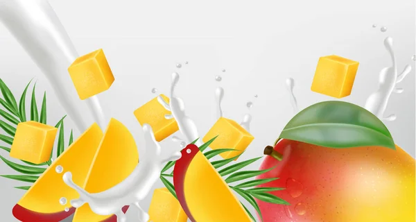 Mango fruit met melk splash Vector realistisch. Gedetailleerde elementen ontwerp. 3d illustraties — Stockvector