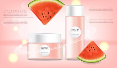 El kremi karpuz vektörü gerçekçi bir model. Ürün yerleştirme etiketi tasarımı. Pembe ışıklar arka planda. 3d illüstrasyon