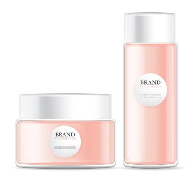 Losyon kremi izole edilmiş pembe şişeler. Vektör gerçekçi bir model. Ürün yerleştirme etiketi tasarımı. 3d illüstrasyon