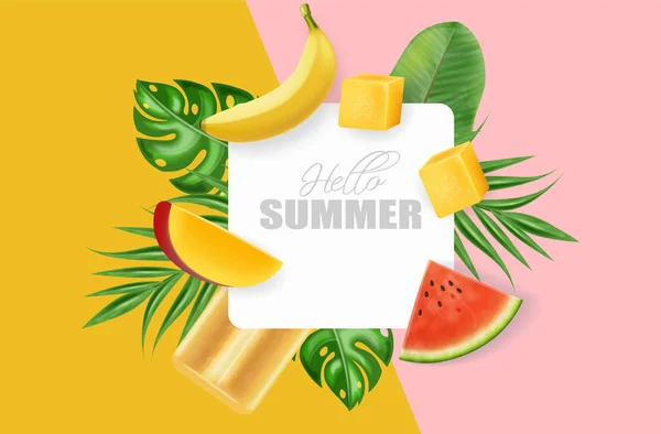 Summer abstract palm leaves banner Vector realistic. Banana, mango and watermelon juicy slices. Colorful background posters — Stock Vector