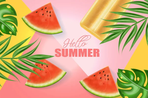 夏のアイスクリームとスイカのバナーベクトル現実的。ジューシーなスイカのスライスと抽象的な背景。カラフルなポスター — ストックベクタ