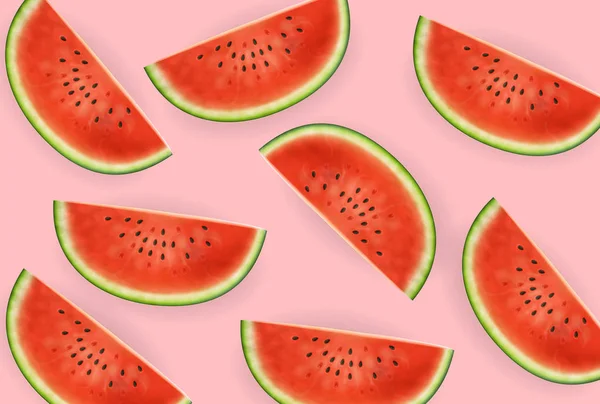 Watermelon rodajas Vector realista. Vista del mar trópico de verano fondo. 3d porciones detalladas de frutas jugosas — Vector de stock